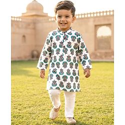 Babyhug Cambric Woven Full Sleeves Kurta Pajama Set with Floral Print - White
