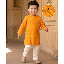 Babyhug Cotton Dobby Woven Full Sleeves Kurta Pajama Set with Motif Print- Mustard
