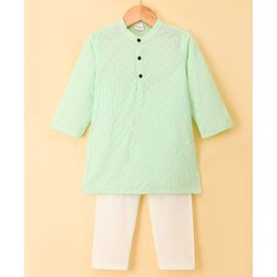 Babyhug Cambric Woven Full Sleeves Hakkoba Embroidered Kurta Pyjama Set - Mint Green