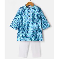 Babyhug Cambric Woven Full Sleeves Kurta Pajama Set with Chevron Print - Blue