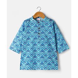 Babyhug Cambric Woven Full Sleeves Kurta Pajama Set with Chevron Print - Blue