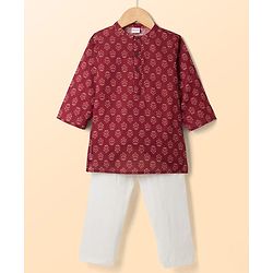Babyhug 100% Cotton Woven Full Sleeves Cambric Printed Kurta Pyjama Set - Maroon