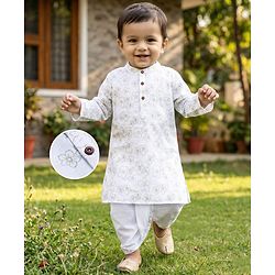 Babyhug Cambric Woven Full Sleeves Kurta Dhoti Set with Floral Print - White