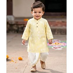 Babyhug 100% Cotton Woven Full Sleeves Floral Embroidered Cambric Kurta & Dhoti Set - Yellow