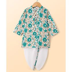Babyhug Cambric Woven Full Sleeves Kurta Dhoti Set With Floral Print - White