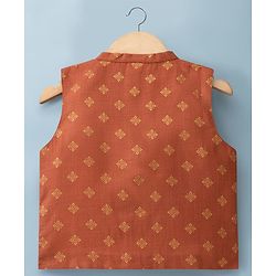 Babyhug Cambric Woven Full Sleeves Solid Kurta & Dhoti Set With Foil Printed Jacket - Rust Orange