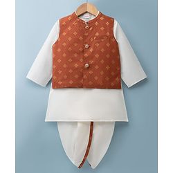 Babyhug Cambric Woven Full Sleeves Solid Kurta & Dhoti Set With Foil Printed Jacket - Rust Orange