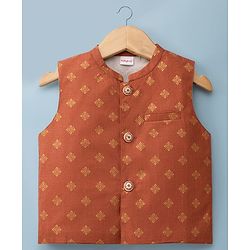 Babyhug Cambric Woven Full Sleeves Solid Kurta & Dhoti Set With Foil Printed Jacket - Rust Orange