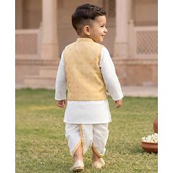 Babyhug Cambric Woven Full Sleeves Kurta Dhoti Set with Jacket & Motif Foil Print - Beige