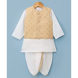 Babyhug Cambric Woven Full Sleeves Kurta Dhoti Set with Jacket & Motif Foil Print - Beige