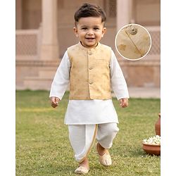 Babyhug Cambric Woven Full Sleeves Kurta Dhoti Set with Jacket & Motif Foil Print - Beige