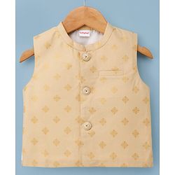 Babyhug Cambric Woven Full Sleeves Kurta Dhoti Set with Jacket & Motif Foil Print - Beige