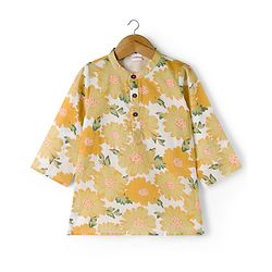 Babyhug Cambric Woven Full Sleeves Kurta Dhoti Set with Floral Print - Off White