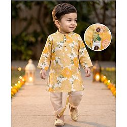 Babyhug Cambric Woven Full Sleeves Kurta Dhoti Set with Floral Print - Off White