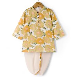 Babyhug Cambric Woven Full Sleeves Kurta Dhoti Set with Floral Print - Off White