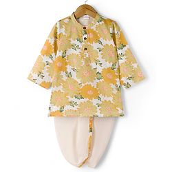 Babyhug Cambric Woven Full Sleeves Kurta Dhoti Set with Floral Print - Off White