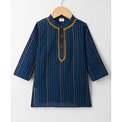Babyhug 100% Cotton Dobby Woven Full Sleeves Striped Kurta Dhoti Set - Navy Blue