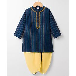 Babyhug 100% Cotton Dobby Woven Full Sleeves Striped Kurta Dhoti Set - Navy Blue