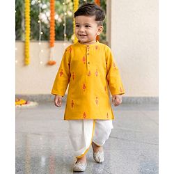 Babyhug 100% Cotton Dobby Woven Full Sleeves Kurta & Dhoti Set With Embroidery Detailing - Yellow