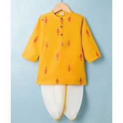 Babyhug 100% Cotton Dobby Woven Full Sleeves Kurta & Dhoti Set With Embroidery Detailing - Yellow