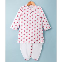 Babyhug Cambric Woven Full Sleeves Kurta Dhoti Set with Floral Print - White