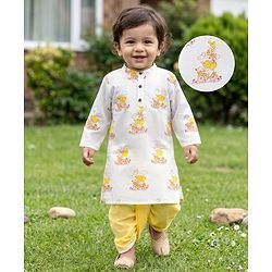 Babyhug Cambric Woven Full Sleeves Kurta Dhoti Set with Elephant Print - White & Yellow