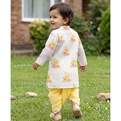 Babyhug Cambric Woven Full Sleeves Kurta Dhoti Set with Elephant Print - White & Yellow