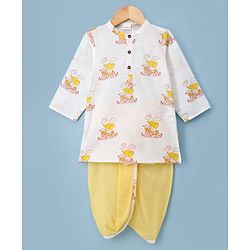 Babyhug Cambric Woven Full Sleeves Kurta Dhoti Set with Elephant Print - White & Yellow