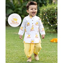 Babyhug Cambric Woven Full Sleeves Kurta Dhoti Set with Elephant Print - White & Yellow