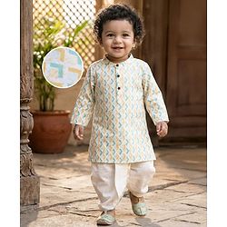 Babyhug Cambric Cotton Woven Full Sleeves Kurta Dhoti Set with Print - Multicolor