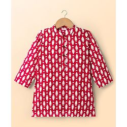 Babyhug Cambric Cotton Woven Full Sleeves Kurta Dhoti Set with Fish Print - Red & White