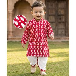 Babyhug Cambric Cotton Woven Full Sleeves Kurta Dhoti Set with Fish Print - Red & White