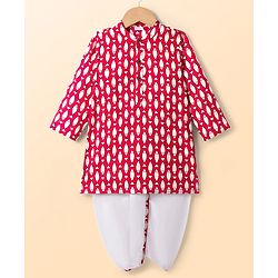 Babyhug Cambric Cotton Woven Full Sleeves Kurta Dhoti Set with Fish Print - Red & White