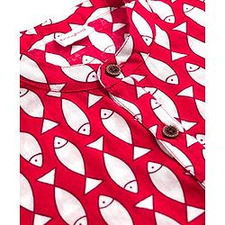 Babyhug Cambric Cotton Woven Full Sleeves Kurta Dhoti Set with Fish Print - Red & White
