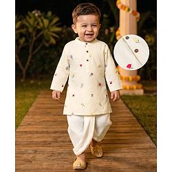 Babyhug 100% Cotton Woven Full Sleeves Floral Embroidered Kurta & Dhoti Set - Beige