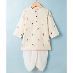 Babyhug 100% Cotton Woven Full Sleeves Floral Embroidered Kurta & Dhoti Set - Beige