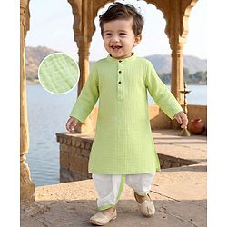 Babyhug Cotton Goss Woven Full Sleeves Solid Color Kurta Dhoti Set - Light Green