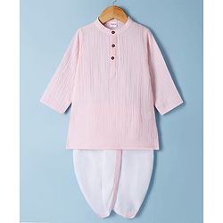 Babyhug Cotton Goss Woven Full Sleeves Solid Color Kurta Dhoti Set - Light Pink & White