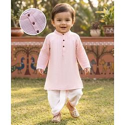 Babyhug Cotton Goss Woven Full Sleeves Solid Color Kurta Dhoti Set - Light Pink & White