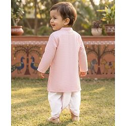 Babyhug Cotton Goss Woven Full Sleeves Solid Color Kurta Dhoti Set - Light Pink & White