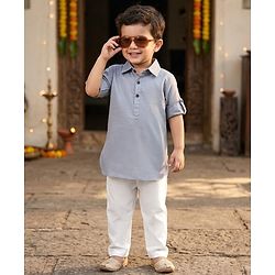 Babyhug 100% Cotton Woven Full Sleeves Solid Pathani Kurta & Pyjama Set - Grey