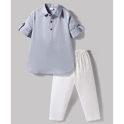 Babyhug 100% Cotton Woven Full Sleeves Solid Pathani Kurta & Pyjama Set - Grey