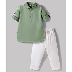 Babyhug 100% Cotton Woven Full Sleeves Solid Pathani Kurta & Pyjama Set - Olive Green