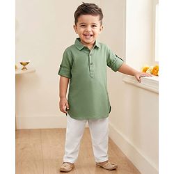 Babyhug 100% Cotton Woven Full Sleeves Solid Pathani Kurta & Pyjama Set - Olive Green