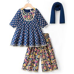 Babyhug Cotton Woven Three Fourth Sleeves Kurta & Palazo Set With Dupatta - Navy Blue