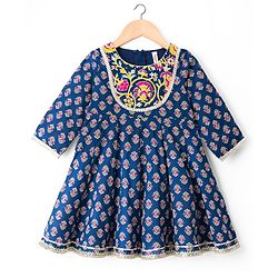 Babyhug Cotton Woven Three Fourth Sleeves Kurta & Palazo Set With Dupatta - Navy Blue
