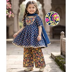 Babyhug Cotton Woven Three Fourth Sleeves Kurta & Palazo Set With Dupatta - Navy Blue