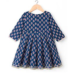Babyhug Cotton Woven Three Fourth Sleeves Kurta & Palazo Set With Dupatta - Navy Blue
