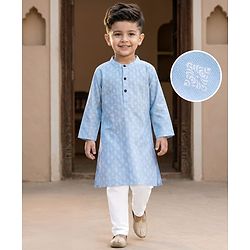 Babyhug Cambric Woven Full Sleeves Printed Kurta Pyjama Set - Blue