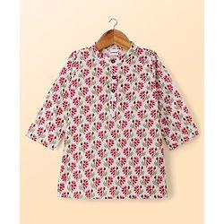Babyhug Cambric Woven Full Sleeves Kurta Pyjama Set With Floral Print - White